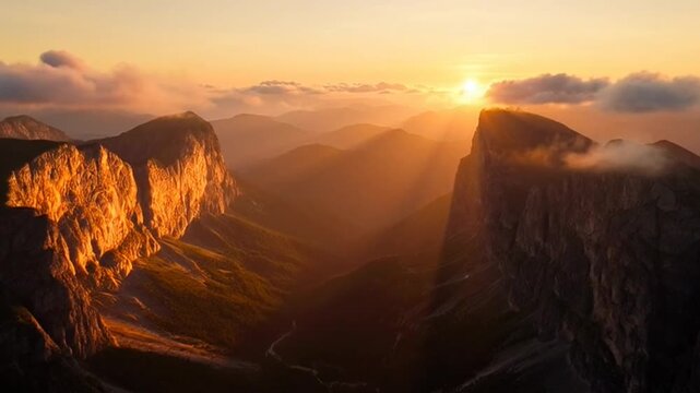 Breathtaking Sunset Over Mountain Peaks with Golden Light and Clouds.