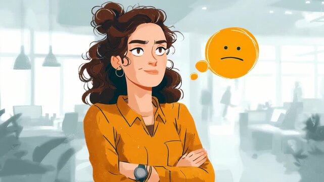 Confident young woman with curly hair stands in a modern office, arms crossed, expressing mixed emotions with a thoughtful face. Digital illustration with a sad emoji thought bubble
