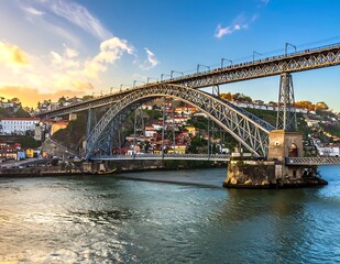 Fototapeta premium Golden hour view of historic steel bridge over calm river.