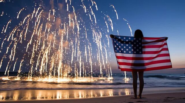 Woman holding American flag on beach with fireworks show