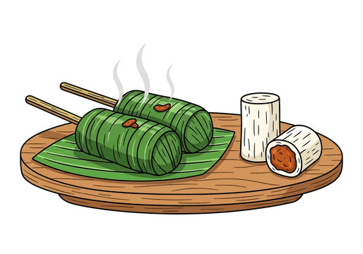A hand-drawn illustration of Indonesian street food, featuring two steamed banana leaf-wrapped snacks on skewers and two pieces of sliced Lemper.