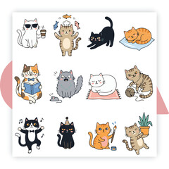 Fototapeta premium Funny Cat Cartoon Flat Design Vector – Cute Kawaii Kitten Illustration Isolated on White Background
