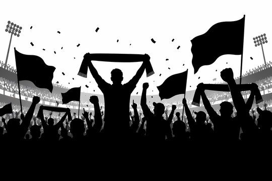 Cheering Football Fans in Stadium Silhouette, Soccer Supporters Celebration Crowd During Championship Match