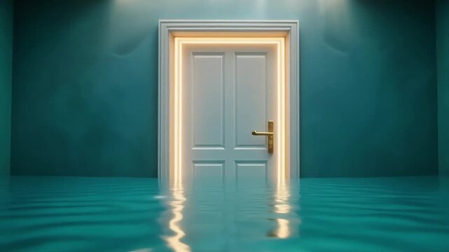 White door standing in a flooded room with glowing light frame and calm blue water ripples in slow motion