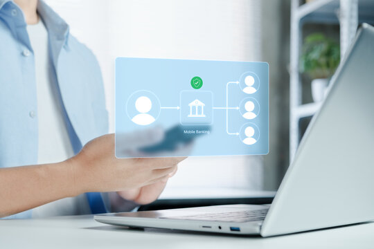 Secure Mobile Banking Authentication Interface, Digital User Verification Overlay on Laptop, Clean Blue Workspace for Online Finance Security, Fintech Service and Digital Banking Technology Concept