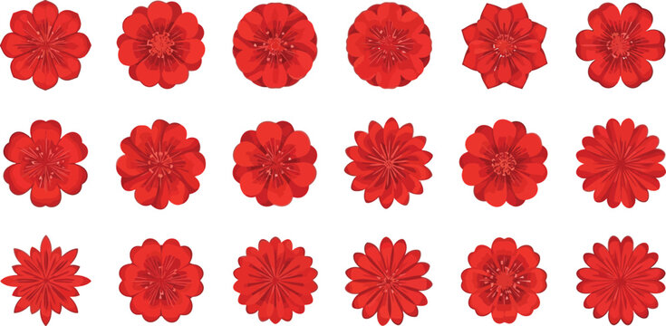 Collection of fifteen stylized red flowers with varied petal counts and shapes floral bloom blossom
