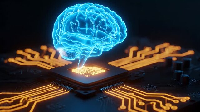 Artificial intelligence brain concept with a glowing cpu on a digital circuit board.