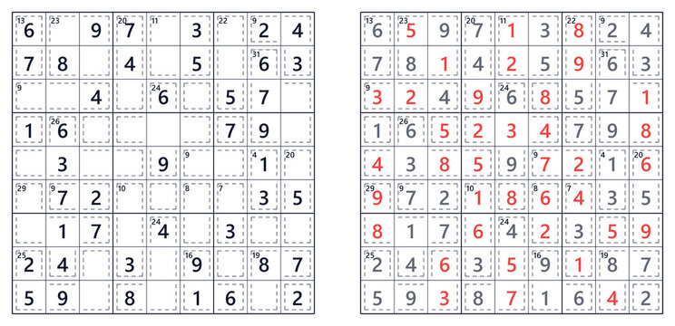 Sudoku puzzle grids with numbers and highlighted solutions  