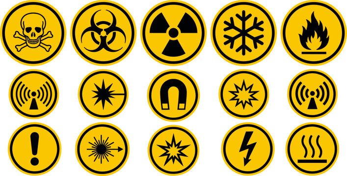 Hazard warning signs collection skull biohazard radiation and other safety symbols