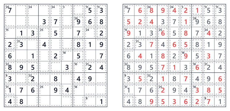 Sudoku puzzles with solved and unsolved grids on a white background  