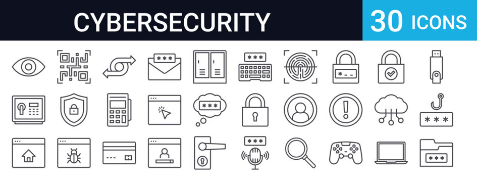 Cybersecurity Password Protection Set of 30 Thin Line Icons