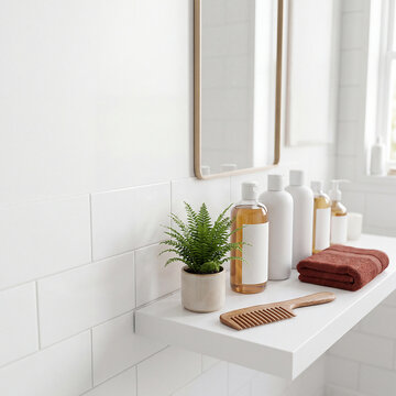 Haircare bathroom shelf with blank bottles