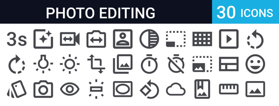 Photo Image Editing Icons Set of 30 Thin Line Vector