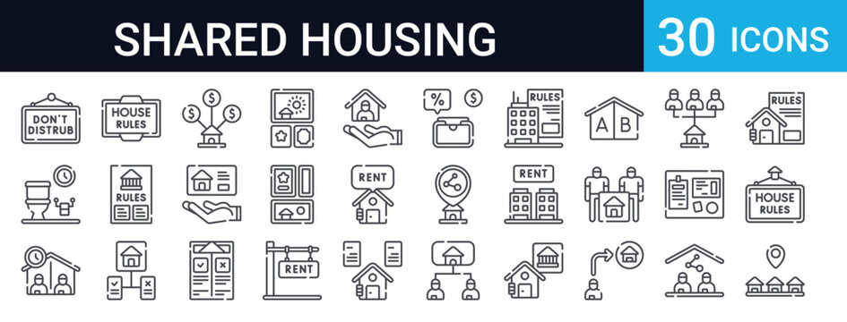 Shared Housing Rules Set of 30 Thin Line Vector Icons