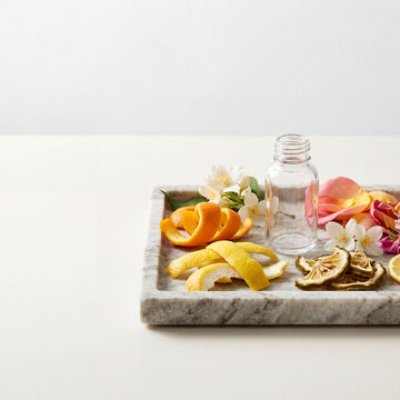 Fragrance ingredient still life with blank vial
