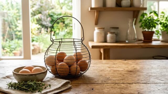 Wooden kitchen table with eggs and empty copy space for product placement in bright and sunlit interior, mockup for beverage brands, farm products, menu ads and rustic lifestyle campaigns, appetizing