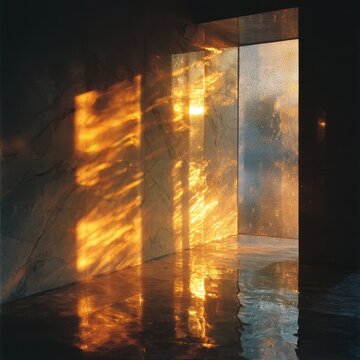 Abstract Interior with Golden Light Reflections on Marble and Glass