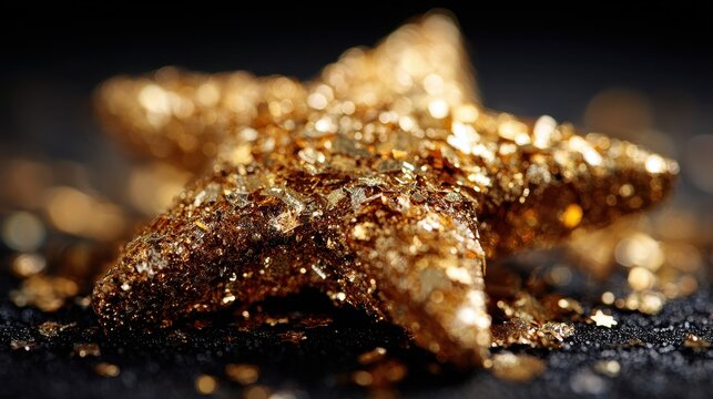 Golden Star with Glittering Texture on Black Background, Festive Decoration