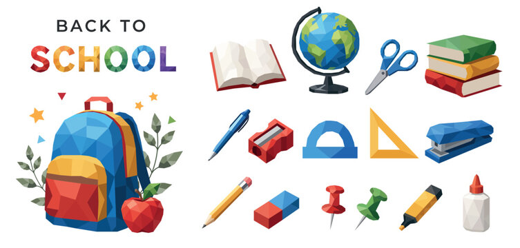 Back to school set in geometric low poly style. Collection of school supplies and education elements for banners, patterns and backgrounds
