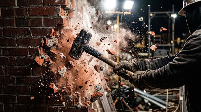 Dynamic shot of a worker in safety gear demolishing a brick wall with a sledgehammer. Debris and dust explode, illustrating demolition, construction, and hard work.