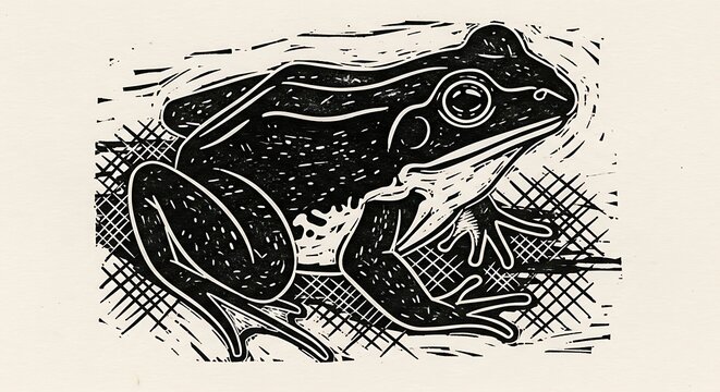Woodcut print of a frog