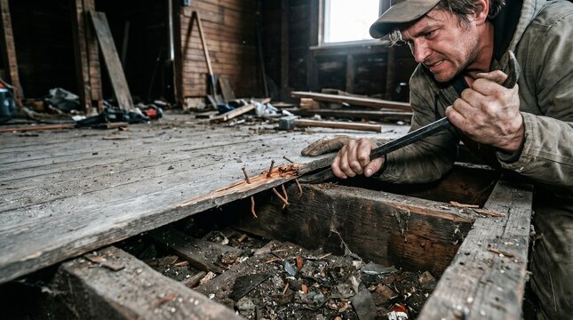 A man intensely works to remove old wooden floorboards with a pry bar, revealing the rough subfloor and debris. Ideal for renovation, construction, and DIY projects.