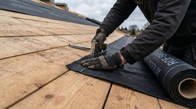 Close-up of a roofer's hands installing black waterproof underlayment with a staple gun on a new wooden roof deck, preparing for shingles. Essential for weatherproofing.