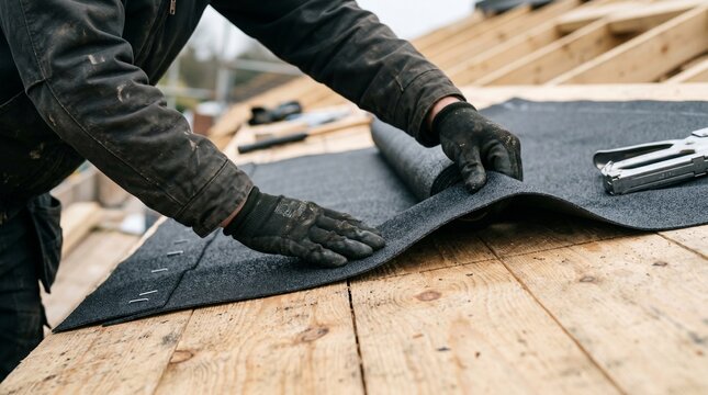 Professional roofer installing protective asphalt felt paper underlayment on a new wooden roof deck during home construction or renovation work.