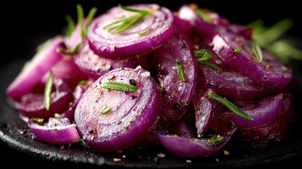 Fototapeta premium Close-up of caramelized red onions with rosemary on dark background
