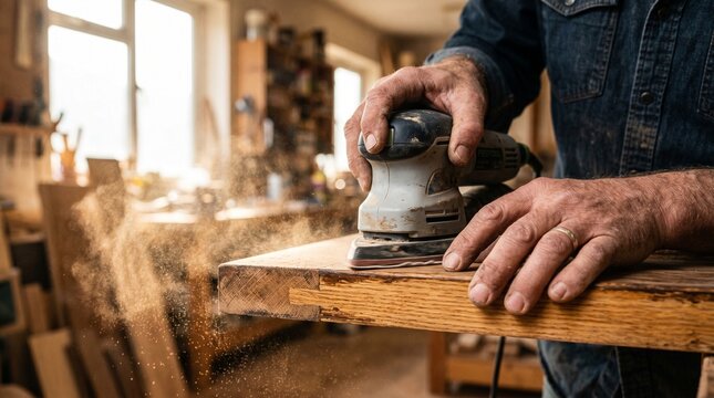 A skilled craftsman meticulously sands a wooden surface with an electric sander, producing fine sawdust in a sunlit workshop. Highlighting craftsmanship and woodworking.