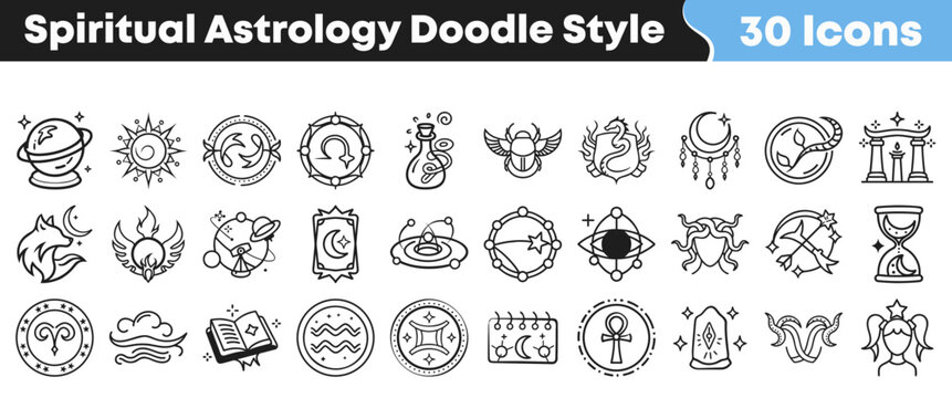 Hand drawn collection of spiritual astrology and esoteric doodle icons