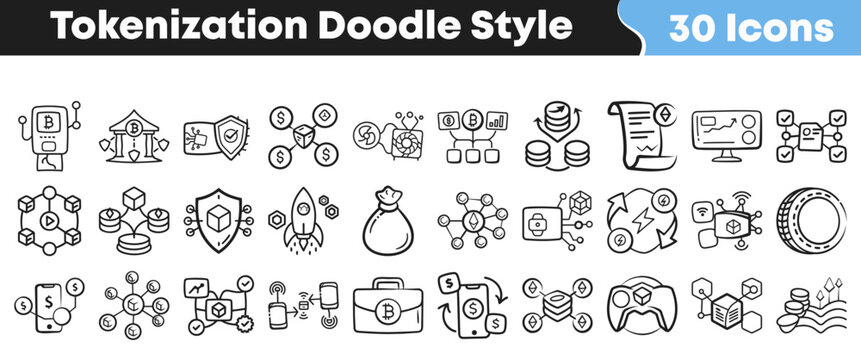 Hand drawn doodle set of thirty cryptocurrency and blockchain icons