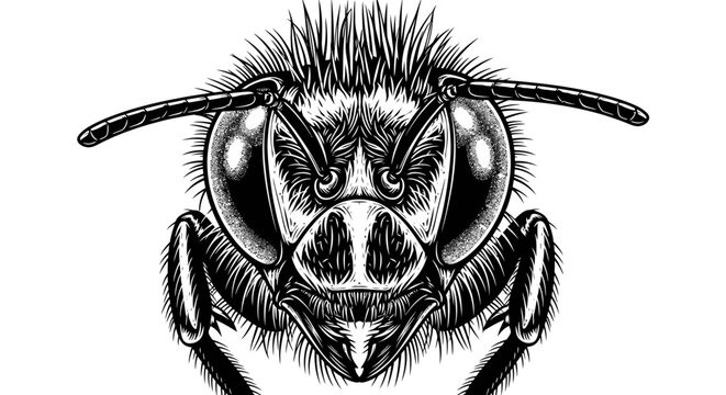 Detailed black and white illustration of a bee head close up on white background
