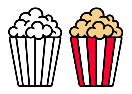 Popcorn icon illustration, in line art and colored design, for food themed coloring page