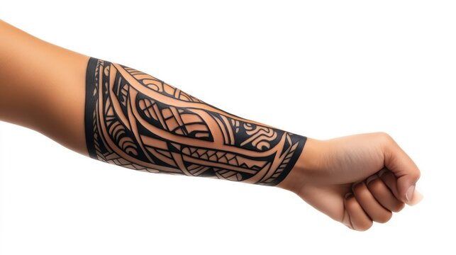 Arm with tribal tattoo on white background