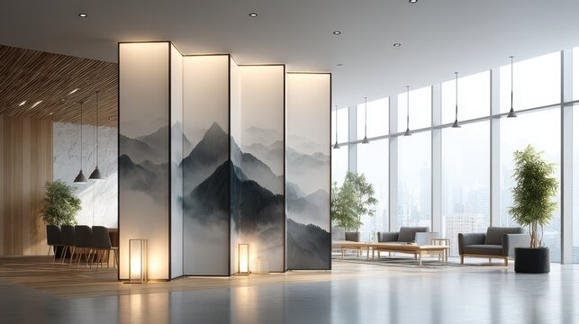 Modern Office Interior with Mountain Screen and City View