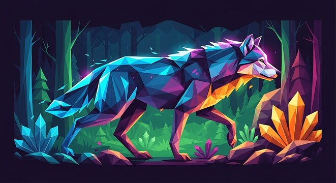 Geometric wolf in forest illustration