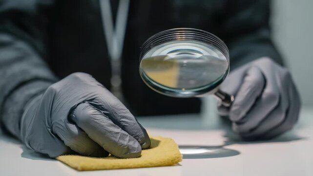 Closeup forensic investigator wearing gloves, cleaning surface with yellow cloth while holding magnifying glass. Crime scene investigation, evidence analysis in modern forensics