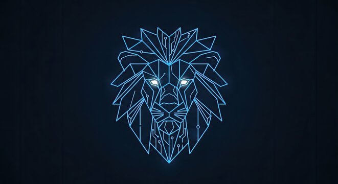 Abstract geometric lion head with glowing blue lines and eyes on a dark background. Futuristic digital low poly animal symbol design.