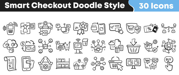 Naklejka premium Hand drawn collection of various smart checkout process doodle icons