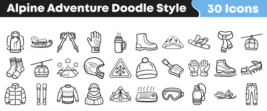 Set of hand drawn doodle icons for alpine winter adventure activities