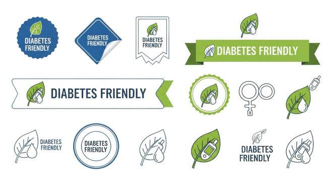 Collection of diabetes friendly labels, badges, and stickers featuring green leaf glucose monitors, and insulin drop symbols on black