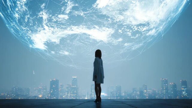 A woman stands on a rooftop at night, gazing at a massive digital globe hovering above a futuristic city skyline. The scene evokes wonder and the limitless potential of technology