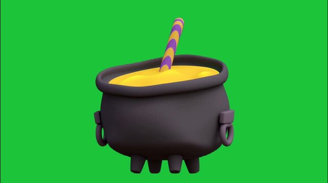 Halloween witch cauldron filled with magical potion on green screen background spooky animation for editing use