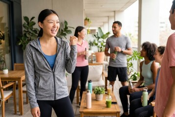 Fototapeta premium Diverse friends socializing on a balcony, drinking healthy beverages after a workout