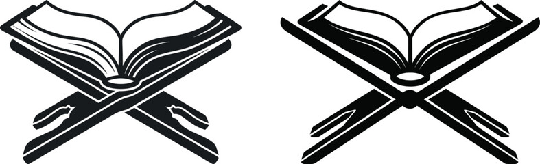 Elegant black and white illustration of open holy books resting on traditional wooden rehal stands symbolizing faith, learning, and spirituality © HASAN