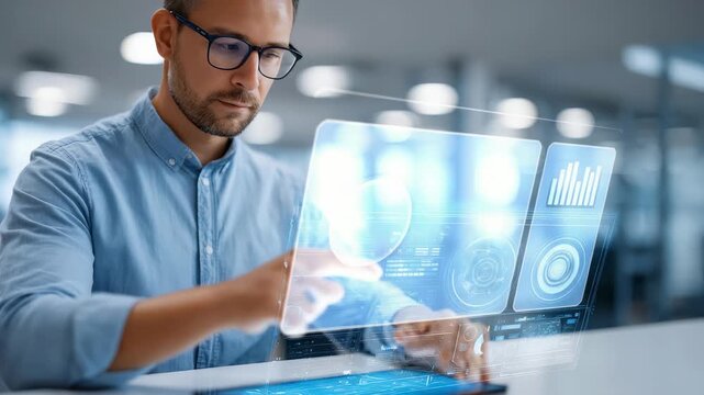 Focused young man interacts with futuristic transparent digital interface in modern office, analyzing data, technology. Innovative workspace highlights advanced computing, digital transformation