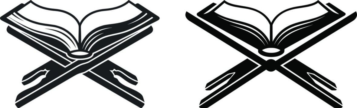 Elegant black and white illustration of open holy books resting on traditional wooden rehal stands symbolizing faith, learning, and spirituality