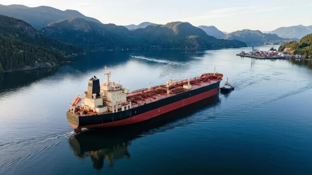 Large Red and Black Oil Tanker in Calm Bay, commercial lifestyle concept with polished visual appeal, modern editorial atmosphere and strong stock usability for branding, campaigns and versatile