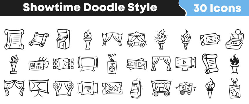 Collection of hand drawn showtime doodle style vector graphic icons